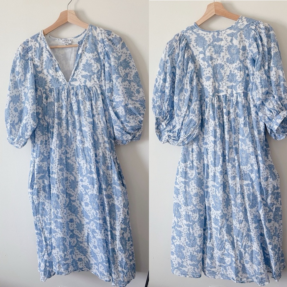 Saule Parc Feminine Blue and White Floral Blockprint Market Garden Dress Sz M